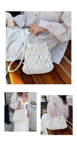 Detail of hollow woven bucket bag featuring floral patterns and cotton drawstring closure