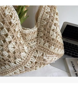 Detail of hollow-out floral woven texture and inner lining on summer tote bag