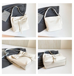 Detailed views of a white faux leather shoulder bag with a large studded bow design