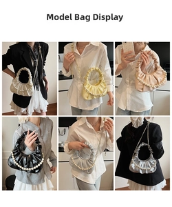 Collage of chic ruched cloud handbags in various colors with pearl and chain straps