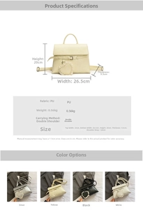 Size chart showing 20x26.5x9.5cm dimensions and PU material for the casual backpack