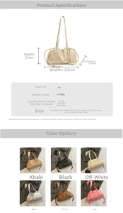 Detailed size chart and multi-color options for the ruched cloud bucket bag with strap
