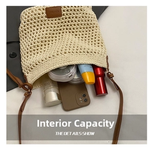 Internal view of the beige woven tote bag showing daily essentials and leather trim