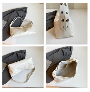 Detailed views of white PU leather pillow bag with silver studs and internal compartments