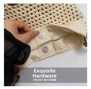 Detail of the high-quality hardware magnetic clasp and crochet weave texture
