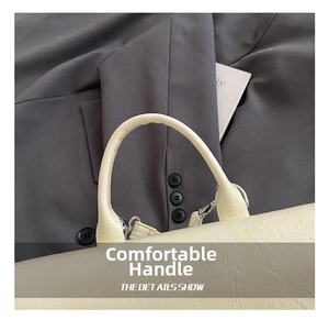 Detail of round top handle and silver metal hardware on beige leather handbag