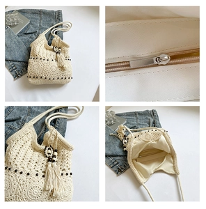 Detail view of woven beach tote showing handmade texture and interior zipper pocket