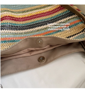 Close-up of colorful woven tote bag with magnetic metal clasp and durable fabric lining