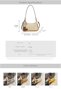 Detailed size specifications and color options for the stylish PU leather shoulder bag