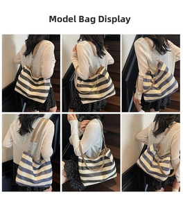 Macro detail of striped woven tote bag with leather shoulder straps and metal chain link