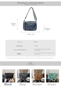 Size chart for retro denim crossbody bag with four multi-pocket color options