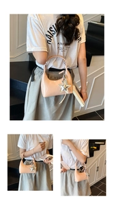 Three-way view of pink glossy faux leather hobo bag with silver star charm and chain strap
