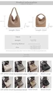 Size chart showing large and small woven tote bag dimensions in multiple colors