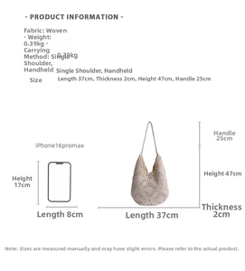 Detail view of hollow woven tote bag showing geometric texture and large capacity dimensions