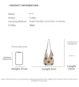 Size comparison of sunflower crochet tote bag next to a smartphone with detailed specs