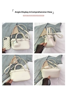 Detailed four-angle view of white litchi pattern leather handbag with heart pendant