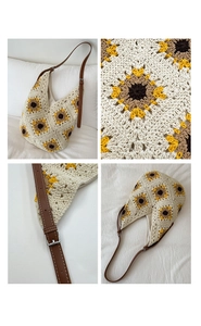 Detailed views of hand-crocheted sunflower tote with adjustable brown leather strap