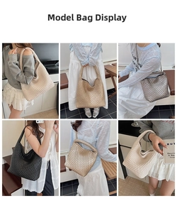 Détails de sacs à bandoulière tressés en blanc, or, argent et noir portés par un mannequin