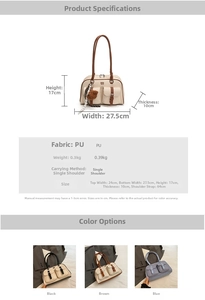 Detailed size chart for the PU pillow bag with dimensions, strap length, and color options