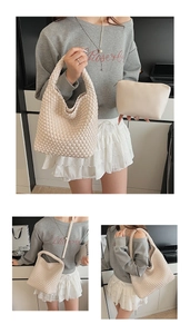 Detail of woven tote bag set with matching pouch and detachable strap in beige