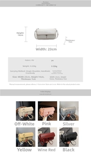 Detailed size specifications and color options for the PU leather small square crossbody bag