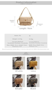Detailed size chart and multi-color options for the woven texture PU crossbody square bag