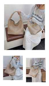 Detailed close-up of woven metallic champagne tote bags in small and large sizes