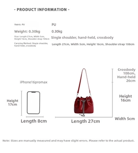 Detailed size chart for red PU bucket bag showing dimensions and phone size comparison