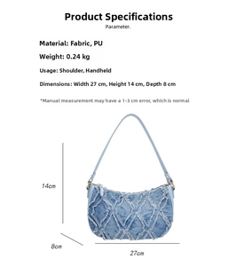 Blue denim underarm bag featuring frayed diamond pattern with detailed dimensions chart
