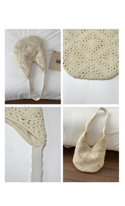 Detailed close-up of cream crochet tote bag showing intricate hollow weave and fabric lining
