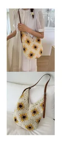 Close-up of hand-crocheted tote bag featuring yellow sunflower patterns and leather strap