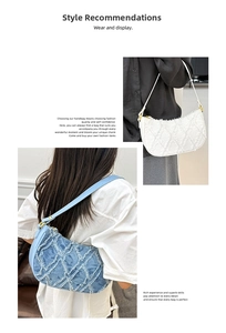 Detail of denim frayed quilted shoulder bags in white and blue with adjustable straps
