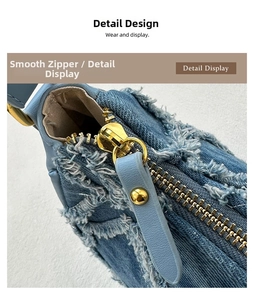 Detail of smooth gold zipper and distressed denim fringe on stylish underarm bag