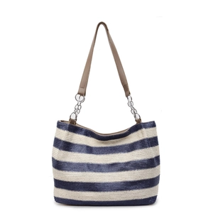 Blue and white striped woven straw tote bag with brown faux leather shoulder straps