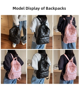 Detailed views of quilted nylon backpack in black and pink with puffer diamond pattern