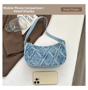 Detailed view of frayed denim rhombic texture and scale comparison with a smartphone