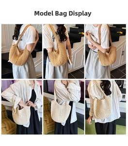 Detailed close-up showing textured crochet mesh pattern and knit of large woven tote bag