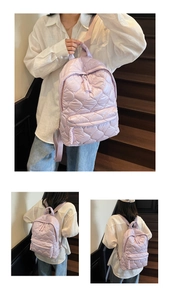 Detail of light purple quilted backpack with down-like texture and lattice embroidery