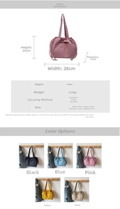 Detailed size specifications for a versatile tote bag showing dimensions and colors