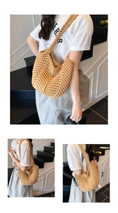 Three-way split view of a large capacity straw hobo bag showing shoulder wear and side profiles
