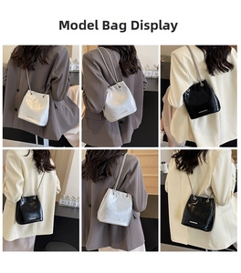 Detailed views of high-shine leather bucket bag with metallic chain strap and bar trim