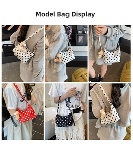 Polka dot canvas bucket bags in multiple colors shown on models with plush bear charm