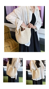 Detail of cream woven shoulder bag featuring thick knit texture and wide strap design