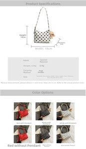 Polka dot canvas bucket bag size chart and multi-color selection with bear charms