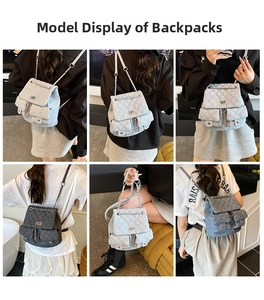 Detail view of denim quilted backpack with chain straps and metal twist lock