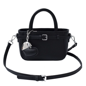 Elegant black lychee grain leather handbag with silver buckle and heart charm
