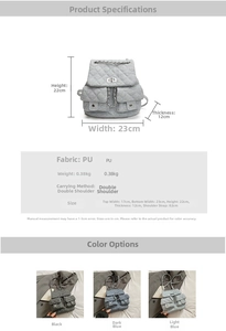 Detail view of quilted denim backpack with chain straps and dimensions specification