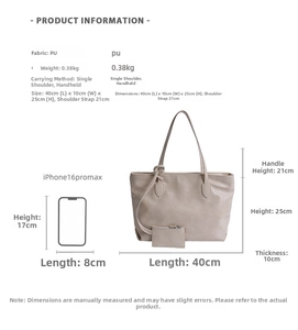 Detailed size chart for soft PU leather tote bag with measurements and phone comparison