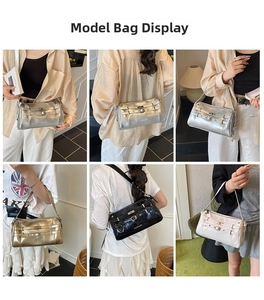 Collage schicker Leder-Baguette-Taschen in vier Farben, von einem Model getragen