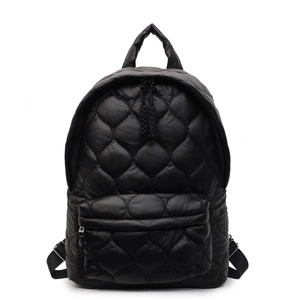 Black quilted puffer backpack with diamond stitching and adjustable nylon shoulder straps